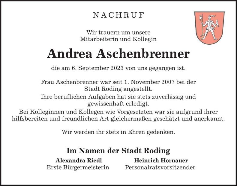 Traueranzeige Andrea Aschenbrenner