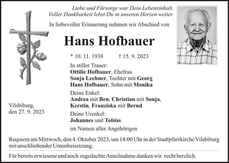 Traueranzeige Hans Hofbauer