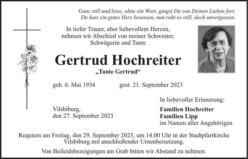 Traueranzeige Gertrud Hochreiter