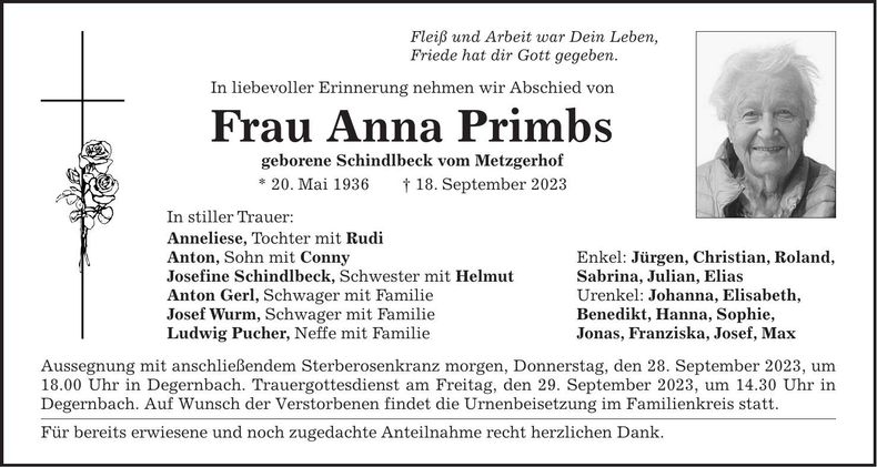 Traueranzeige Anna Primbs