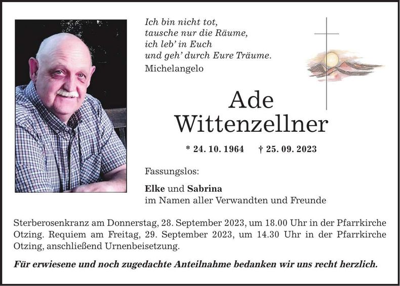 Traueranzeige Ade Wittenzellner