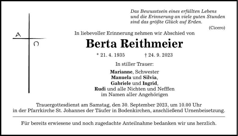 Traueranzeige Berta Reithmeier