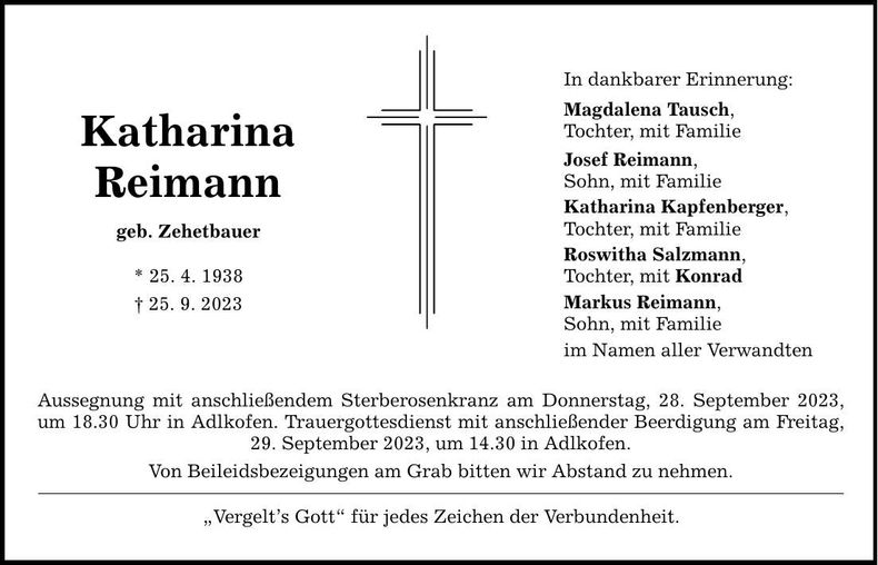 Traueranzeige Katharina Reimann