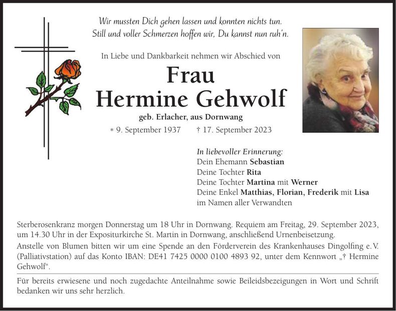 Traueranzeige Hermine Gehwolf