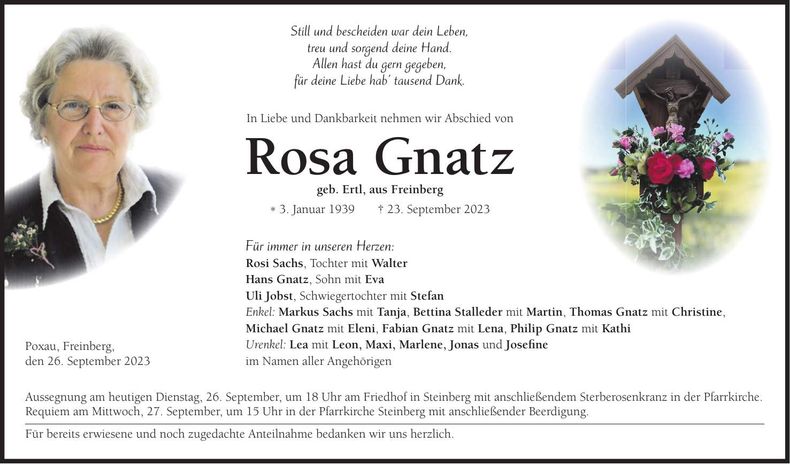 Traueranzeige Rosa Gnatz