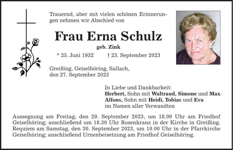 Traueranzeige Erna Schulz