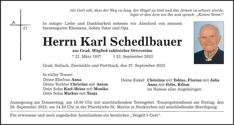 Traueranzeige Schedlbauer Karl
