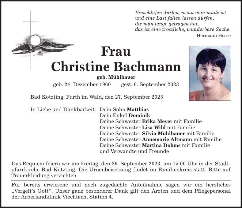 Traueranzeige Christine Bachmann