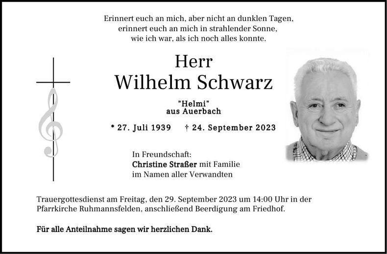 Traueranzeige Schwarz Wilhelm
