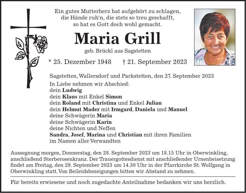 Traueranzeige Maria Grill