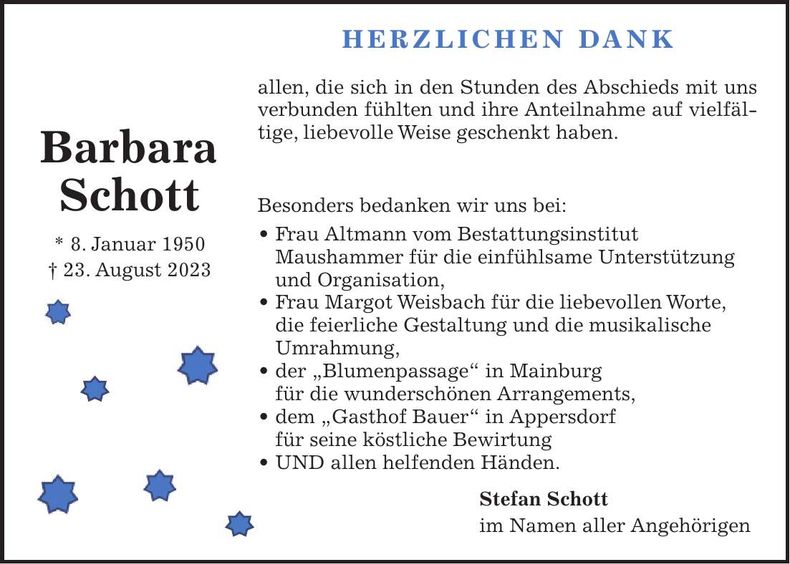 Traueranzeige Barbara Schott