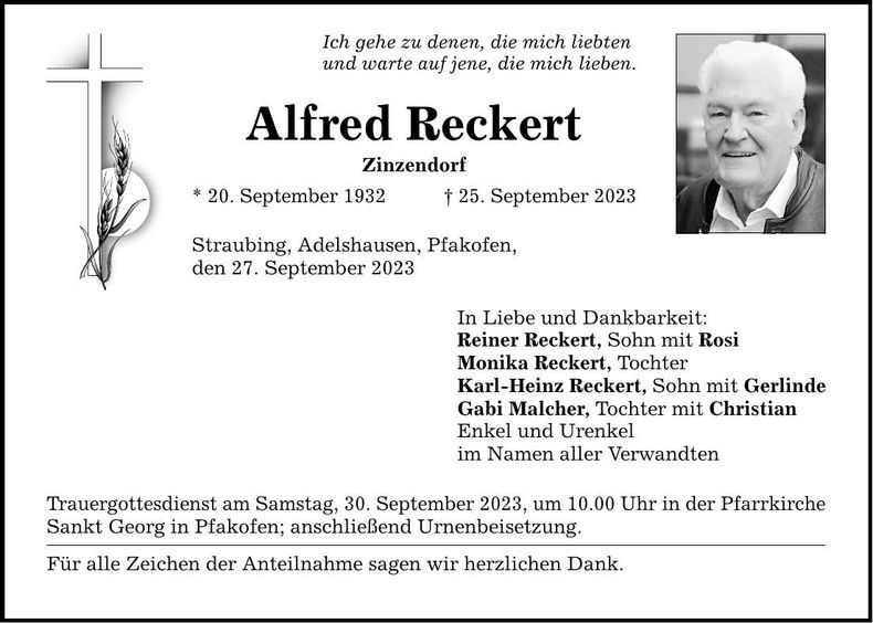 Traueranzeige Alfred Reckert