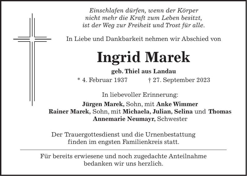Traueranzeige Ingrid Marek