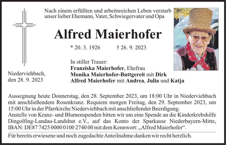 Traueranzeige Alfred Maierhofer