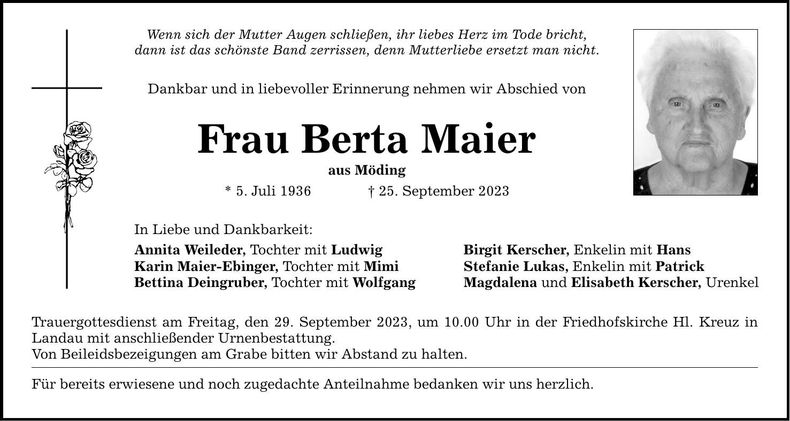 Traueranzeige Berta Maier