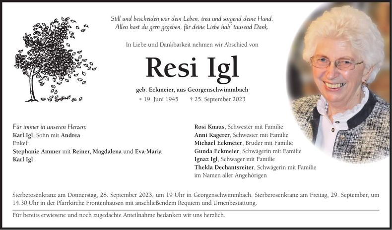Traueranzeige Resi Igl