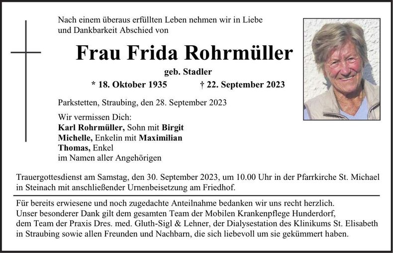 Traueranzeige Frida Rohrmüller