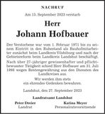 Traueranzeige Johann Hofbauer