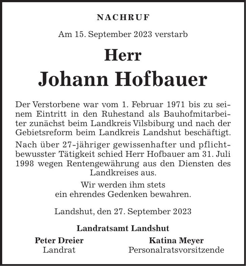 Traueranzeige Johann Hofbauer