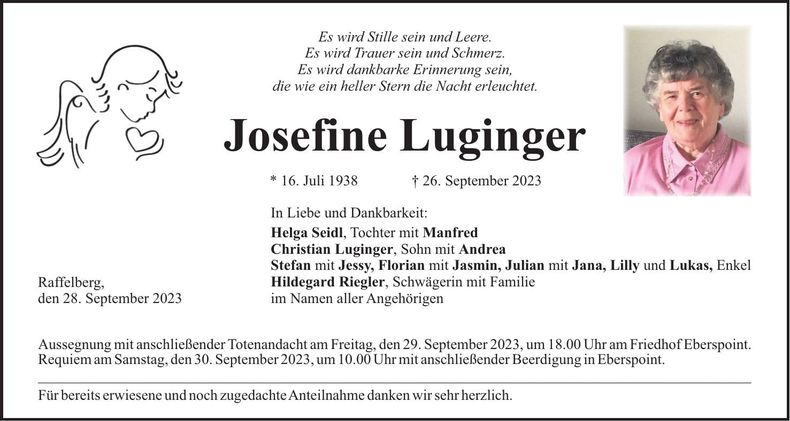 Traueranzeige Josefine Luginger