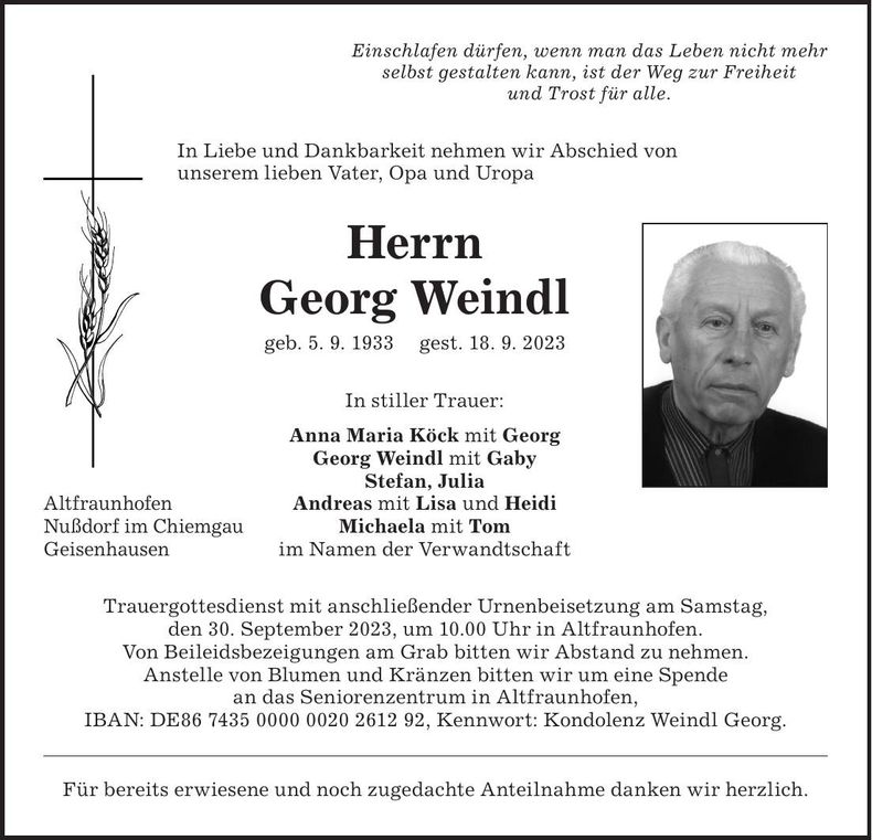 Traueranzeige Georg Weindl
