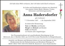 Traueranzeige Anna Hadersdorfer