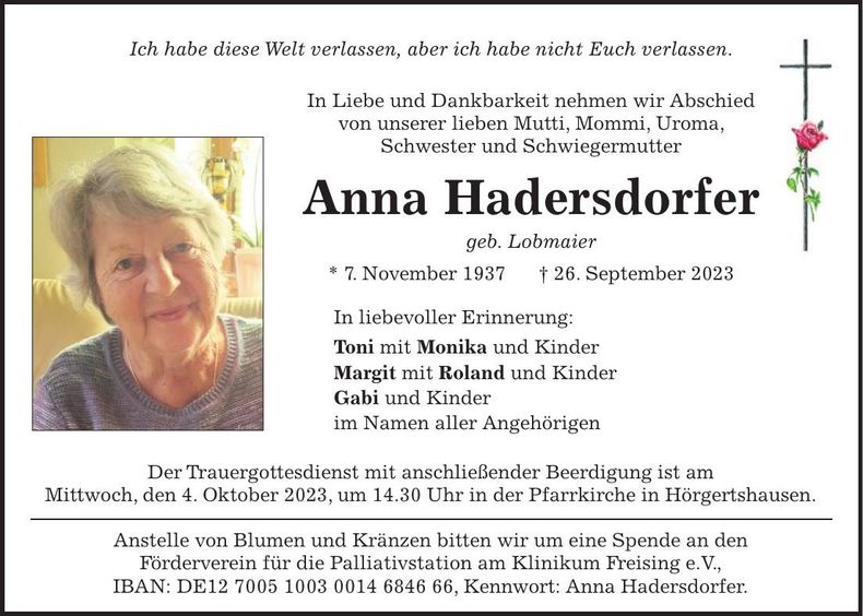 Traueranzeige Anna Hadersdorfer