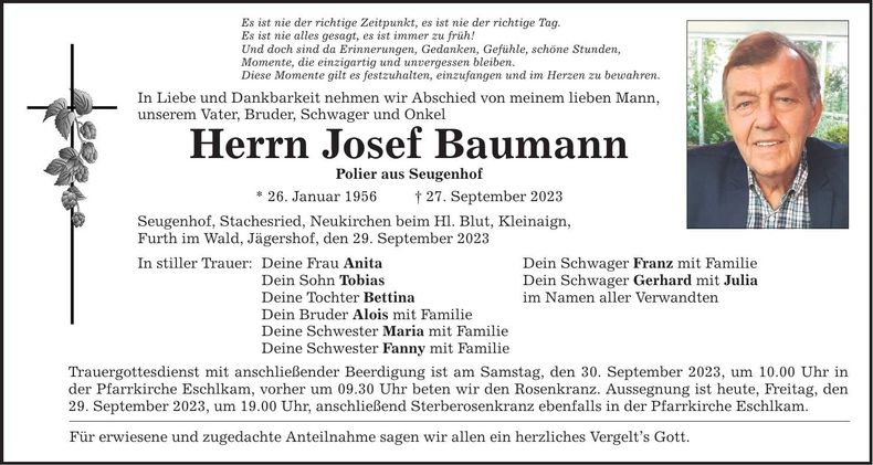 Traueranzeige Josef Baumann