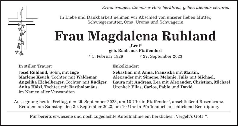 Traueranzeige Magdalena Ruhland
