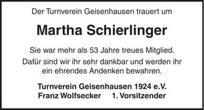 Traueranzeige Martha Schierlinger