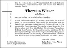 Traueranzeige Theresia Wieser