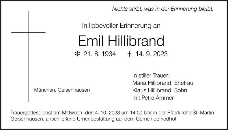 Traueranzeige Emil Hillibrand