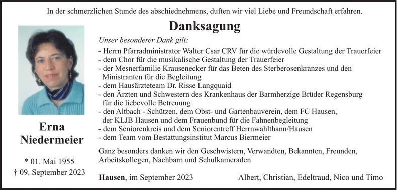 Traueranzeige Erna Niedermeier