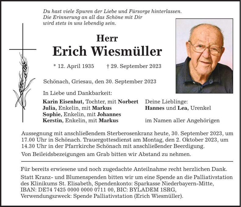 Traueranzeige Wiesmüller Erich