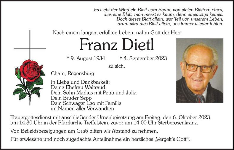 Traueranzeige Franz Dietl