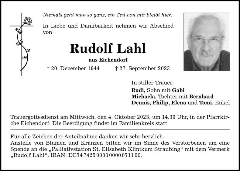 Traueranzeige Rudolf Lahl