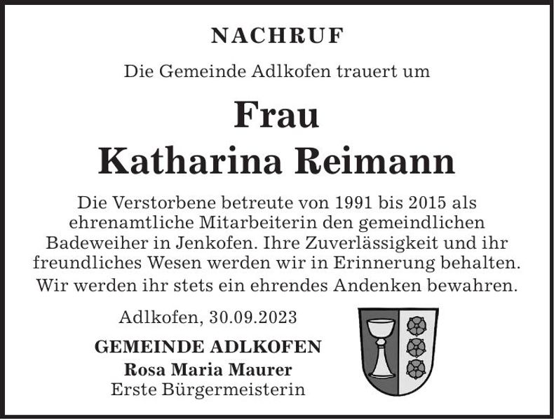 Traueranzeige Katharina Reimann