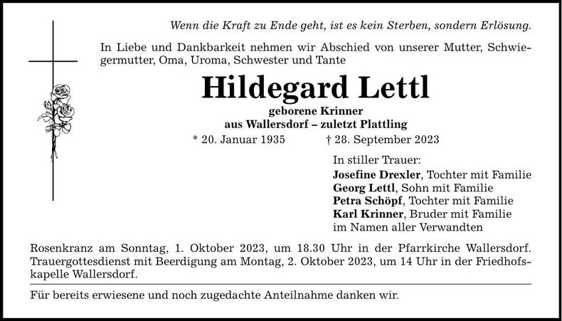 Traueranzeige Hildegard Lettl