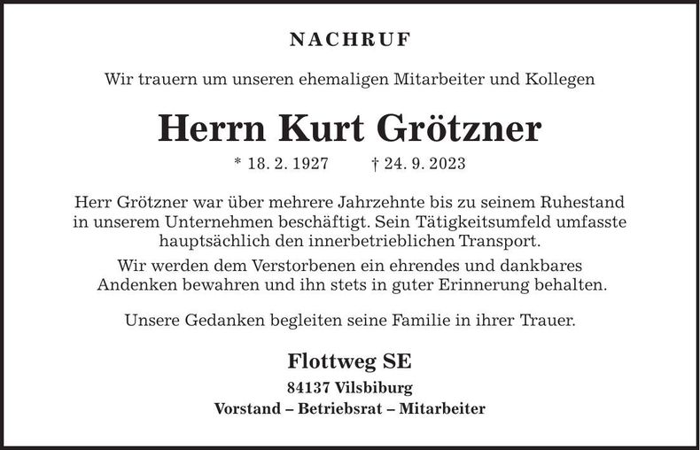 Traueranzeige Kurt Grötzner