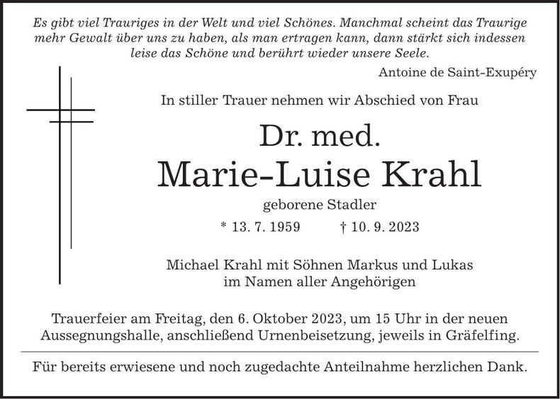 Traueranzeige Marie-Luise Dr. med. Krahl