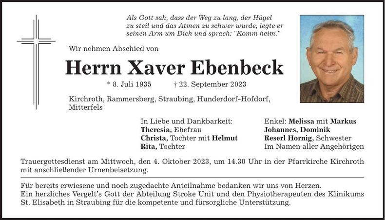 Traueranzeige Xaver Ebenbeck