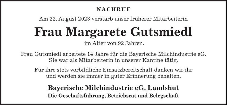 Traueranzeige Margarete Gutsmiedl