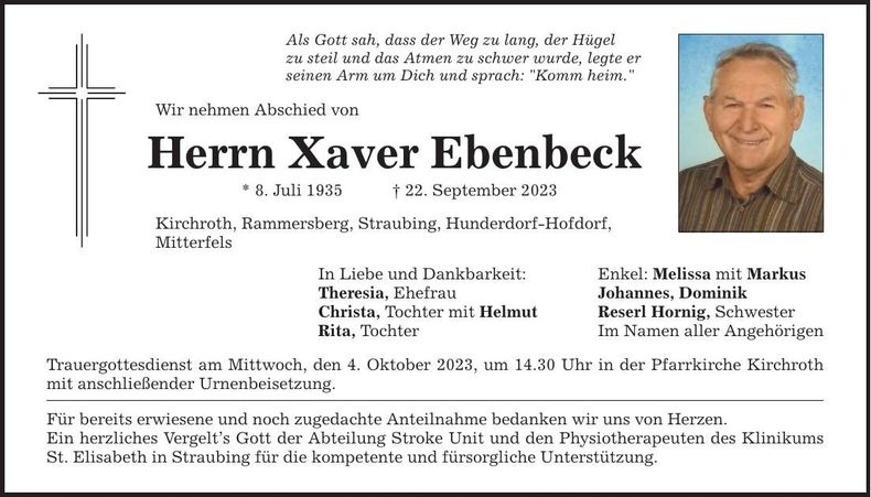 Traueranzeige Xaver Ebenbeck