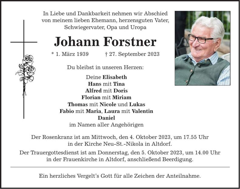 Traueranzeige Johann Forstner