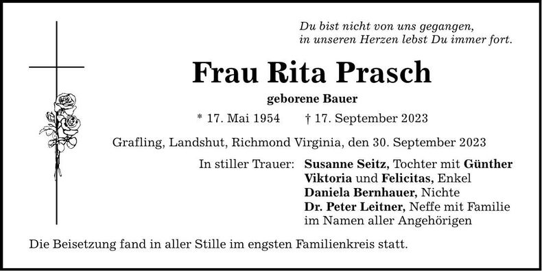 Traueranzeige Rita Prasch