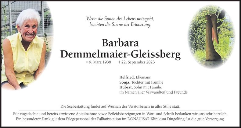 Traueranzeige Barbara Demmelmaier-Gleissberg