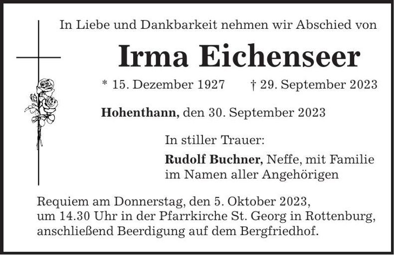 Traueranzeige Irma Eichenseer