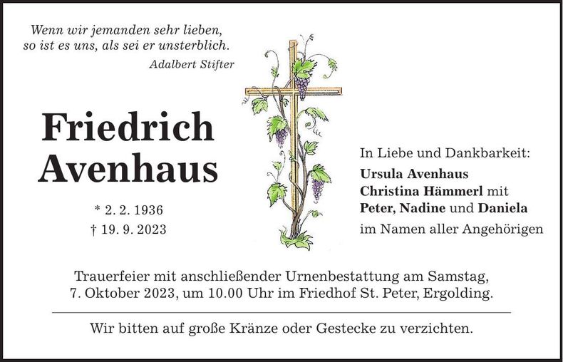 Traueranzeige Friedrich Avenhaus