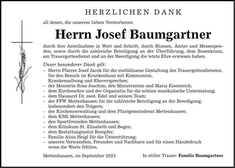 Traueranzeige Josef Baumgartner