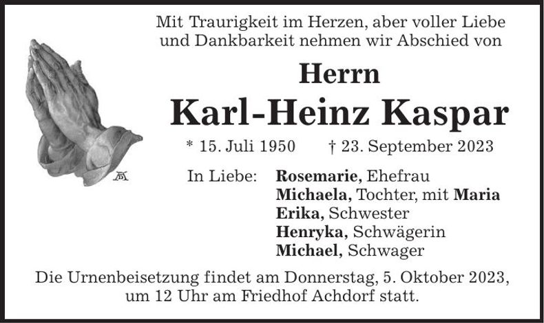 Traueranzeige Karl Heinz Kaspar
